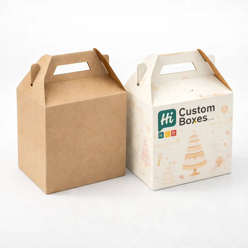 Two gable-style cake boxes with carry handles, one plain brown and one with colourful branding. class=